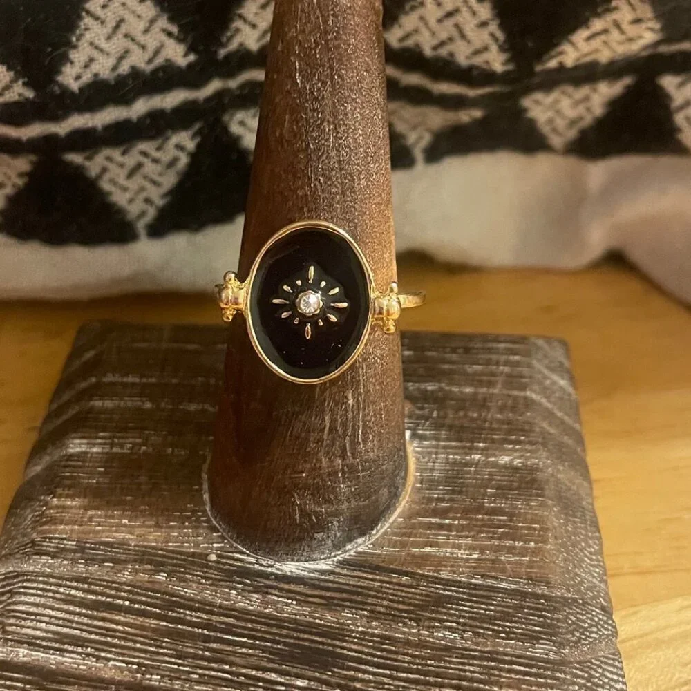Black Enamel North Star Signet Ring, Size 7 - Picture 1 of 2